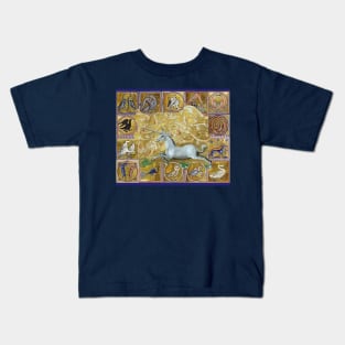 UNICORN AND MEDIEVAL BESTIARY, FANTASTIC ANIMALS IN GOLD RED BLUE COLORS Kids T-Shirt